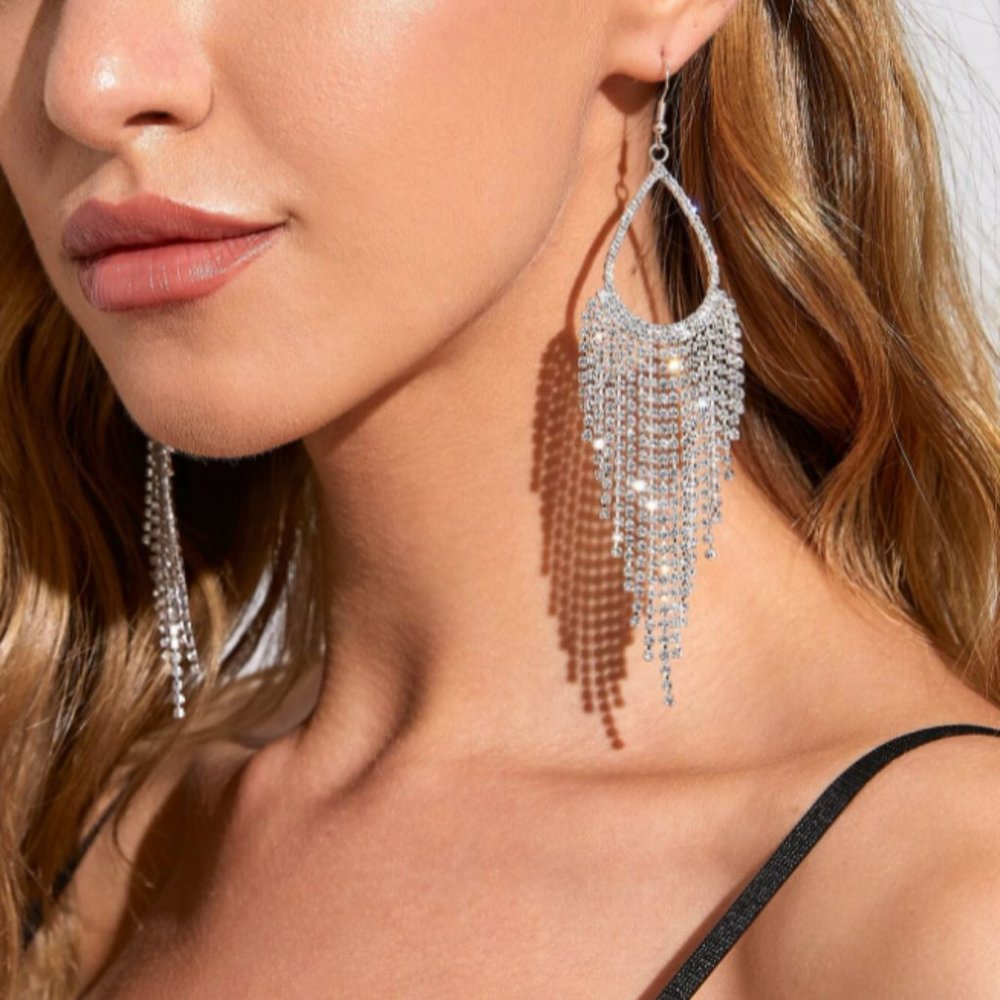 Silver Rhinestone Tassel Decor Drop Earrings, SIlver Tassel bling Earrings